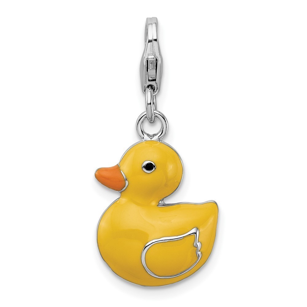 925 Sterling Silver Polished Enameled 3-D Duck Bracelet Charm Lobster Clasp